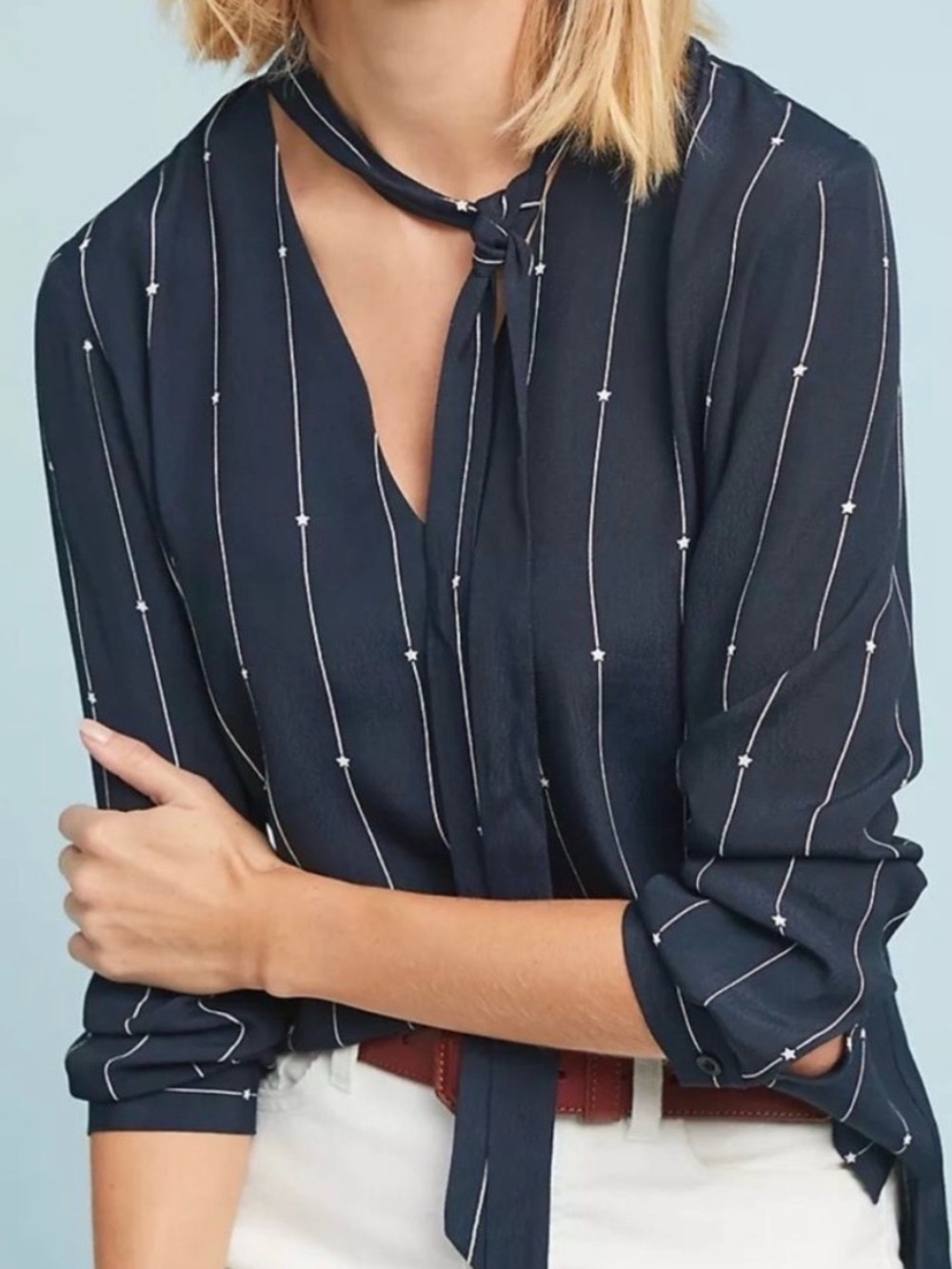 Rails Rhea Women's Navy Tie-Neck Blouse - Stylish Stripe and Star Detail